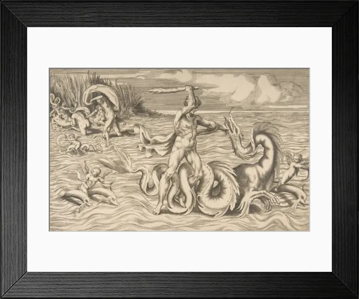 Framed Print : Hercules fight adragon in the centre, Achelous carrying off Deianeira upper left, 1531-76. Creator: Giulio Bonasone Framed Print : Hercules fight adragon in the centre, Achelous carrying off Deianeira upper left, 1531-76. Creator: Giulio Bonasone