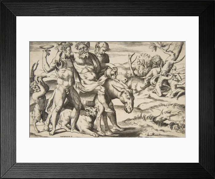 Framed Print : A drunken Silenus riding an ass being supported by satyrs, 1531-76 Framed Print : A drunken Silenus riding an ass being supported by satyrs, 1531-76