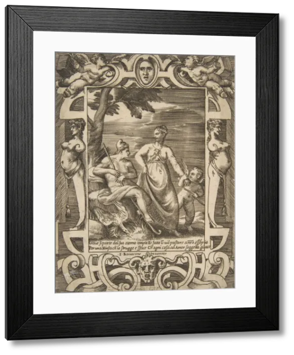 Framed Print : Jupiter at left in the form of a shepherd accompanied by Mnemosyne, set within an elabo Framed Print : Jupiter at left in the form of a shepherd accompanied by Mnemosyne, set within an elabo