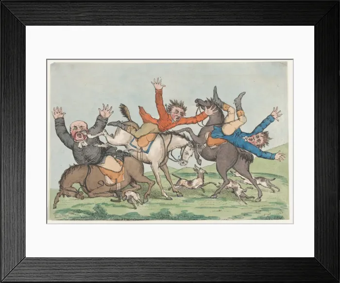Framed Print : Three Riders Fall from their Mounts, 1780-1820. Creator: Unknown Framed Print : Three Riders Fall from their Mounts, 1780-1820. Creator: Unknown
