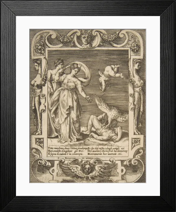 Framed Print : A vulture eating the innards of Titius, Cupid above two women to the left, set within a Framed Print : A vulture eating the innards of Titius, Cupid above two women to the left, set within a