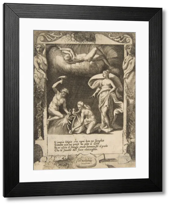 Framed Print : Litigium removed from the body of Chaos while his mother is thrown into the air, set wi Framed Print : Litigium removed from the body of Chaos while his mother is thrown into the air, set wi