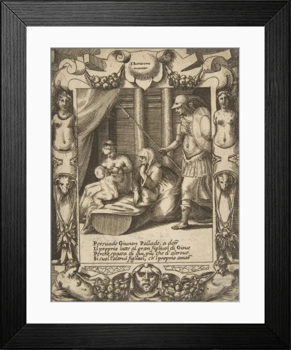 Framed Print : Juno persuading Athena to nurse the young Hercules, set within an elaborate frame Framed Print : Juno persuading Athena to nurse the young Hercules, set within an elaborate frame