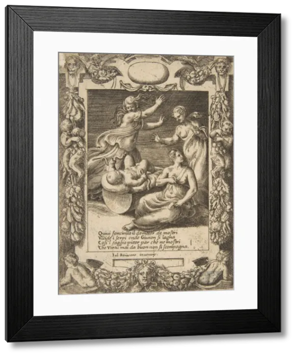 Framed Print : The infant Hercules killing the snakes, set within an elaborate frame, from the Loves Framed Print : The infant Hercules killing the snakes, set within an elaborate frame, from the Loves