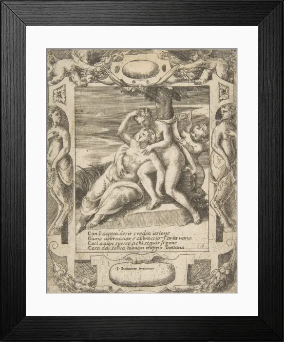 Framed Print : Ixion embracing a cloud, thinking it is Juno, Cupid at the right, set within an elabora Framed Print : Ixion embracing a cloud, thinking it is Juno, Cupid at the right, set within an elabora