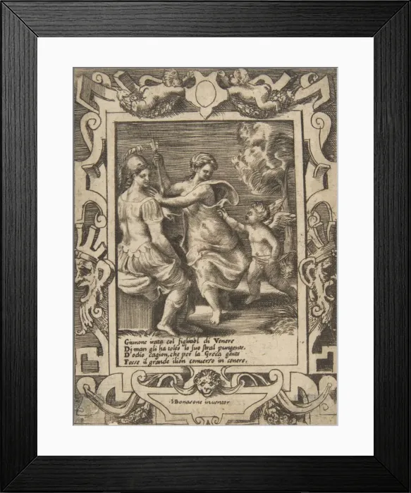 Framed Print : Athena seated near Juno who has taken away Cupids arrows, set within an elaborate fram Framed Print : Athena seated near Juno who has taken away Cupids arrows, set within an elaborate fram