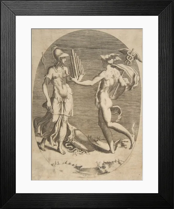Framed Print : Mercury presenting a panpipe to Minerva who stands at left, an oval composition, 1531-76 Framed Print : Mercury presenting a panpipe to Minerva who stands at left, an oval composition, 1531-76