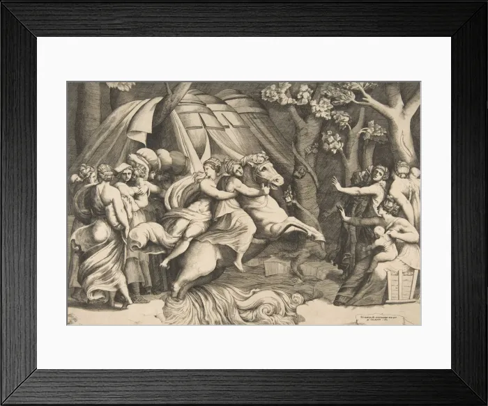 Framed Print : Cloelia on horseback crossing the Tiber, ca. 1540-60. Creator: Giulio Bonasone Framed Print : Cloelia on horseback crossing the Tiber, ca. 1540-60. Creator: Giulio Bonasone