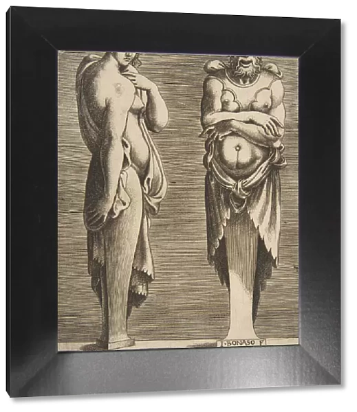 Two Terms, a Nymph at left Silvanus at right, ca. 1530-50. Creator: Giulio Bonasone