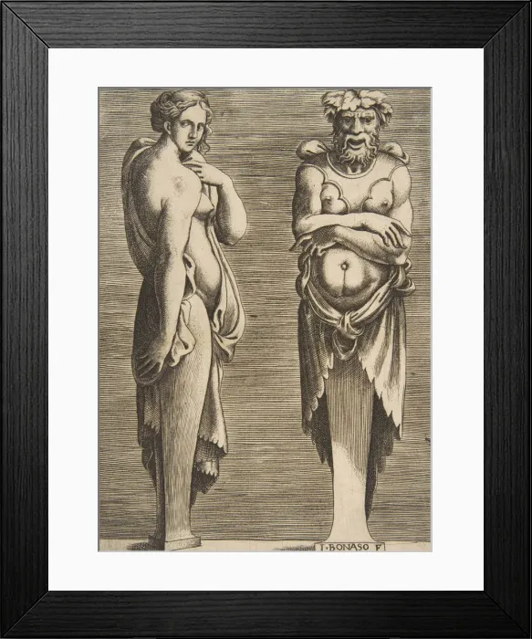 Framed Print : Two Terms, a Nymph at left Silvanus at right, ca. 1530-50. Creator: Giulio Bonasone Framed Print : Two Terms, a Nymph at left Silvanus at right, ca. 1530-50. Creator: Giulio Bonasone