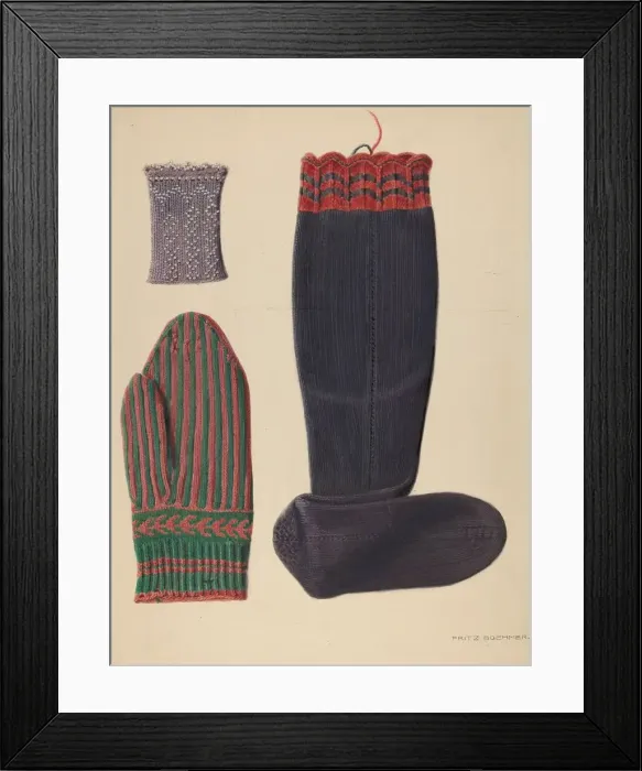 Framed Print : Zoar Beaded Wristlet, Mitten and Sock, c. 1938. Creator: Fritz Boehmer Framed Print : Zoar Beaded Wristlet, Mitten and Sock, c. 1938. Creator: Fritz Boehmer