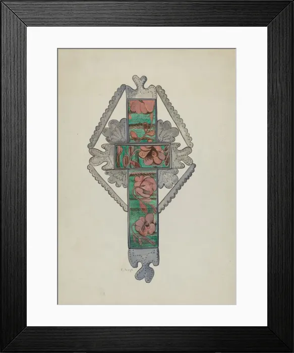 Framed Print : Tin and Painted Glass Cross, Church or Home Use, c. 1936. Creator: E. Boyd Framed Print : Tin and Painted Glass Cross, Church or Home Use, c. 1936. Creator: E. Boyd