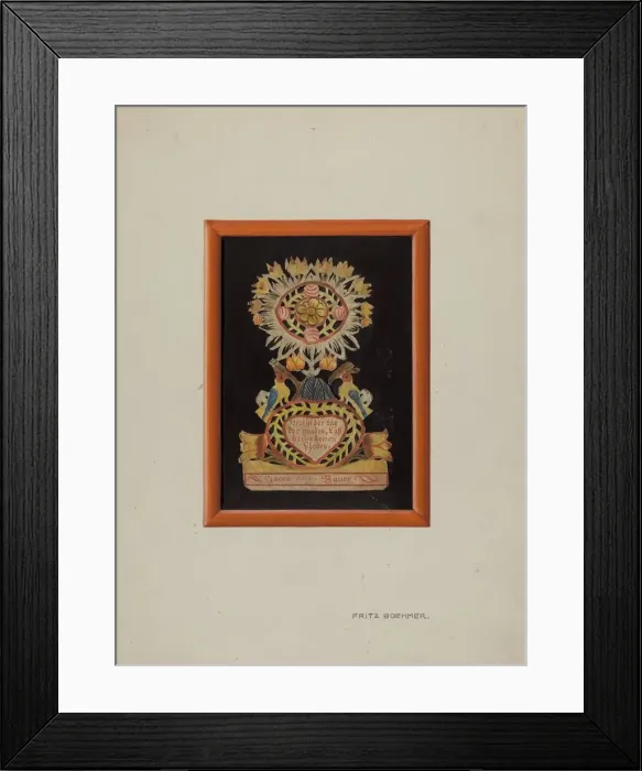 Framed Print : Memorial-Pennsylvania Fractur and Cut-out Commemorating Jacob Bauer, 1939 Framed Print : Memorial-Pennsylvania Fractur and Cut-out Commemorating Jacob Bauer, 1939