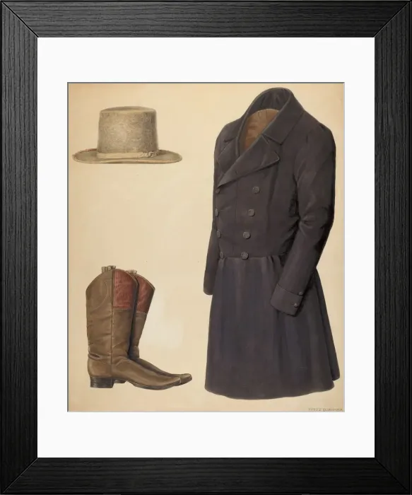 Framed Print : Zoar Mans Hat, Boots and Coat, c. 1937. Creator: Fritz Boehmer Framed Print : Zoar Mans Hat, Boots and Coat, c. 1937. Creator: Fritz Boehmer