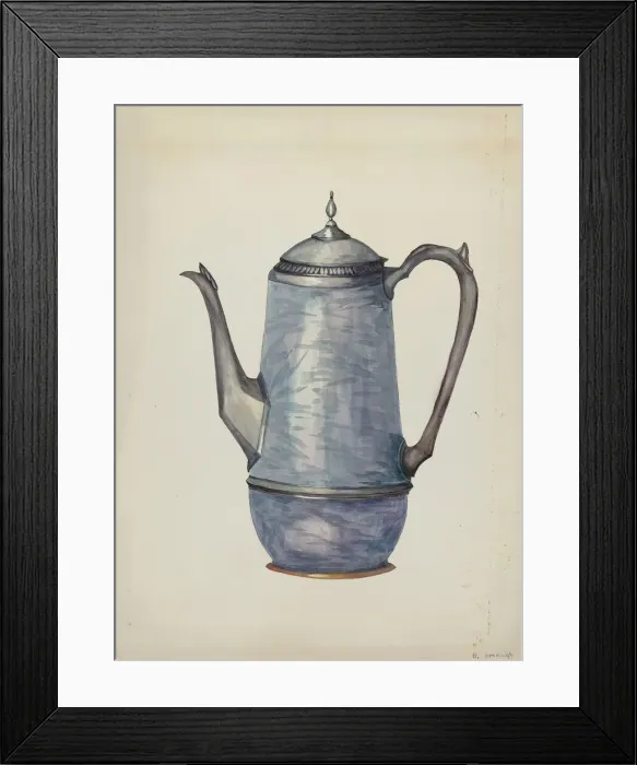 Framed Print : Pewter Coffee Pot, c. 1936. Creator: Beulah Bradleigh Framed Print : Pewter Coffee Pot, c. 1936. Creator: Beulah Bradleigh