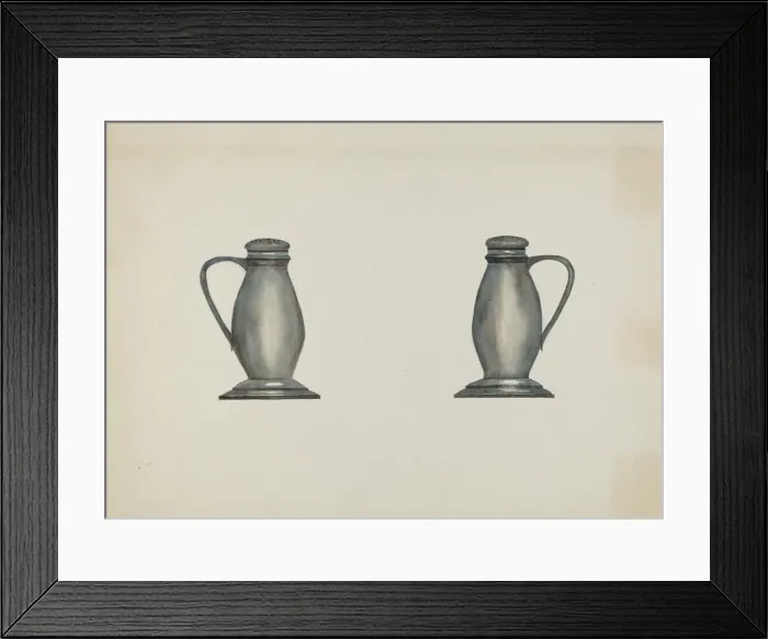 Framed Print : Pewter Salt and Pepper Shakers, c. 1937. Creator: Beulah Bradleigh Framed Print : Pewter Salt and Pepper Shakers, c. 1937. Creator: Beulah Bradleigh