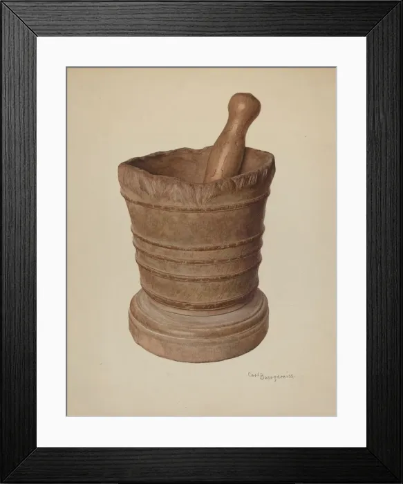 Framed Print : Mortar and Pestle, 1939. Creator: Carl Buergerniss Framed Print : Mortar and Pestle, 1939. Creator: Carl Buergerniss