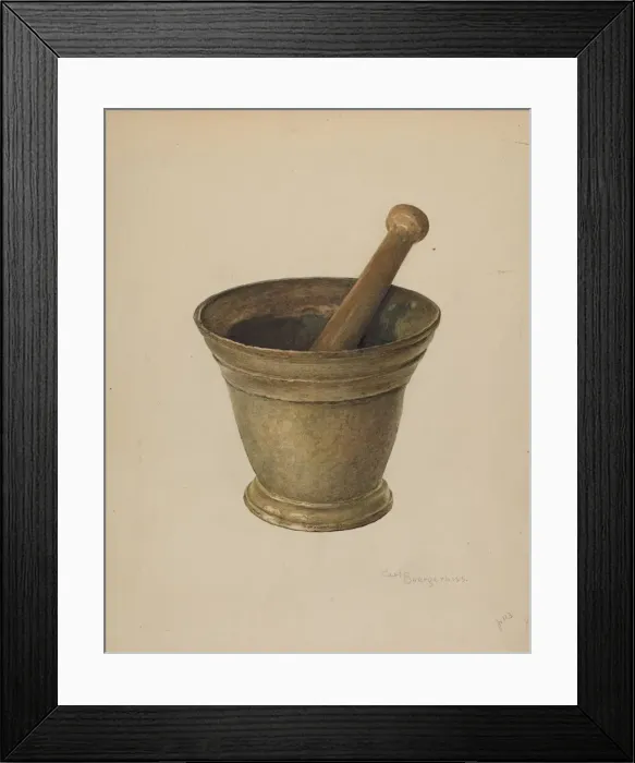 Framed Print : Brass Mortar and Pestle, c. 1939. Creator: Carl Buergerniss Framed Print : Brass Mortar and Pestle, c. 1939. Creator: Carl Buergerniss