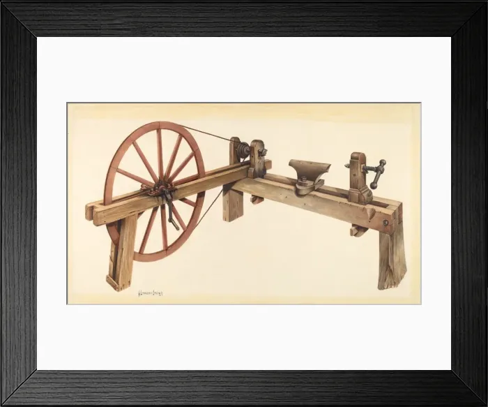Framed Print : Bishop Hill: Woodturning Lathe, 1939. Creator: H. Langden Brown Framed Print : Bishop Hill: Woodturning Lathe, 1939. Creator: H. Langden Brown