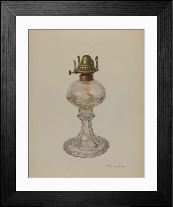 Framed Print : Glass Oil Lamp, 1940. Creator: Carl Buergerniss Framed Print : Glass Oil Lamp, 1940. Creator: Carl Buergerniss