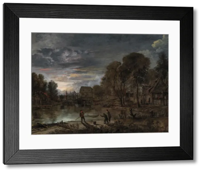 Framed Print : A nocturnal landscape with fishermen. Creator: Neer, Aert, van der (1603-1677) Framed Print : A nocturnal landscape with fishermen. Creator: Neer, Aert, van der (1603-1677)