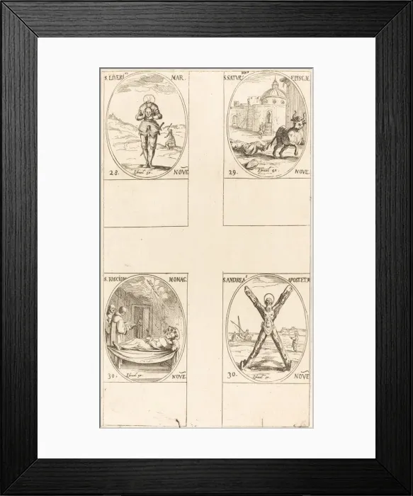 Framed Print : St. Liverius; St. Saturninus; St. T(I?)oscion; St. Andrew. Creator: Jacques Callot Framed Print : St. Liverius; St. Saturninus; St. T(I?)oscion; St. Andrew. Creator: Jacques Callot