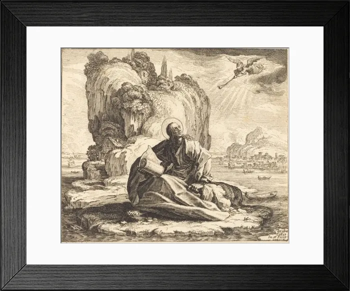 Framed Print : Saint John on the Isle of Patmos, 1625. Creator: Jacques Callot Framed Print : Saint John on the Isle of Patmos, 1625. Creator: Jacques Callot