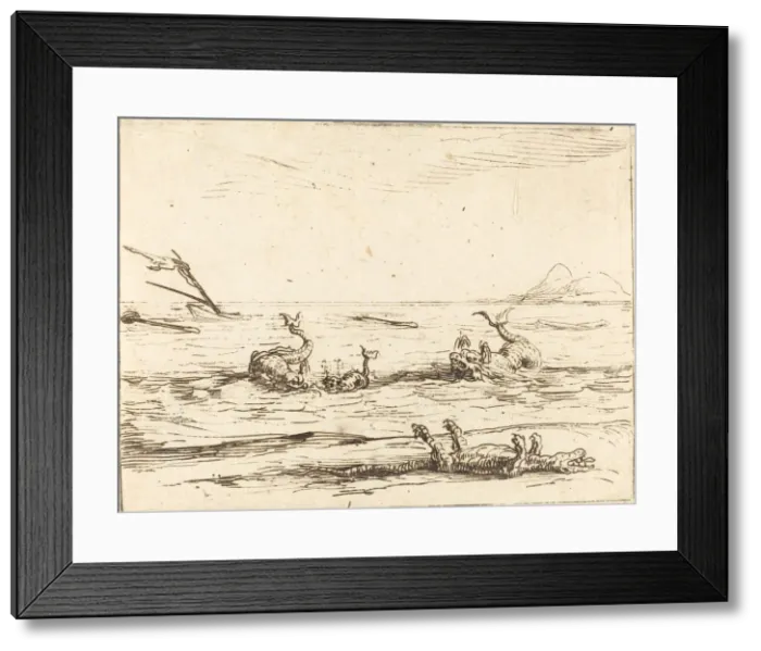 Framed Print : Dolphins and Crocodile. Creator: Jacques Callot Framed Print : Dolphins and Crocodile. Creator: Jacques Callot