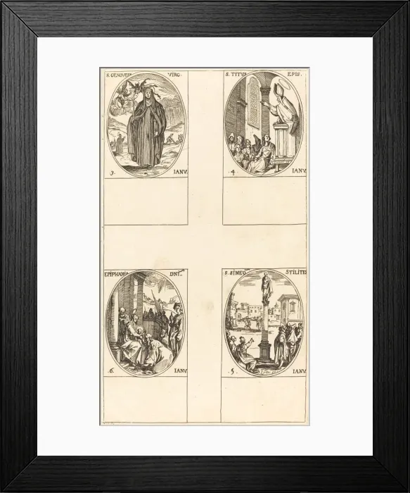 Framed Print : St. Genevieve; St. Titus; St. Simeon Stylites; Epiphany. Creator: Jacques Callot Framed Print : St. Genevieve; St. Titus; St. Simeon Stylites; Epiphany. Creator: Jacques Callot