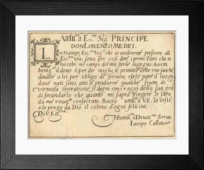 Framed Print : Dedication to Don Lorenzo de Medici, c. 1617. Creator: Jacques Callot Framed Print : Dedication to Don Lorenzo de Medici, c. 1617. Creator: Jacques Callot
