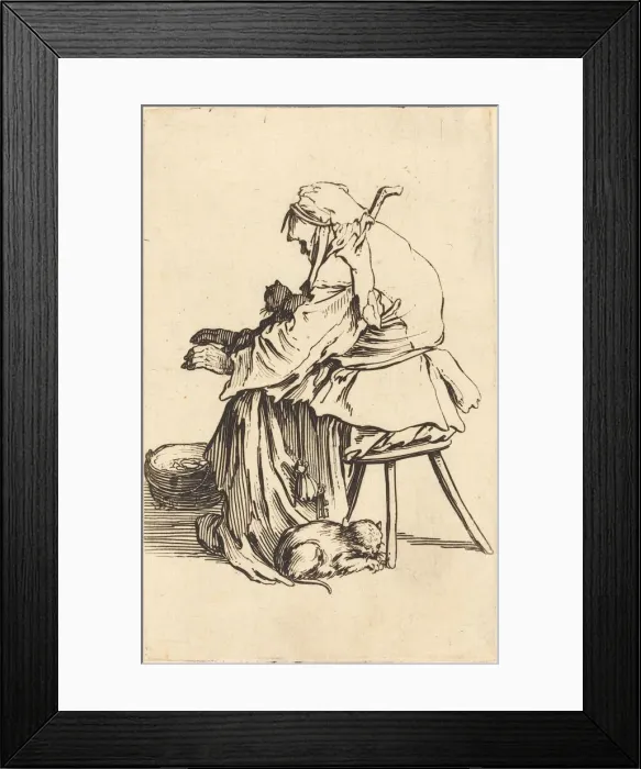 Framed Print : Old Woman with Cats, c. 1622. Creator: Jacques Callot Framed Print : Old Woman with Cats, c. 1622. Creator: Jacques Callot