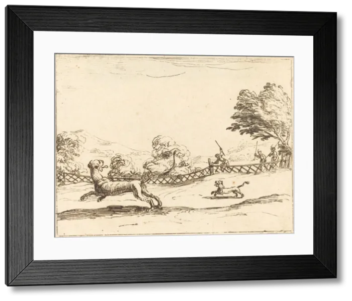 Framed Print : Lioness and Cub Pursued by Hunters. Creator: Jacques Callot Framed Print : Lioness and Cub Pursued by Hunters. Creator: Jacques Callot