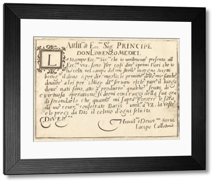 Framed Print : Dedication to Don Lorenzo de Medici, c. 1622. Creator: Jacques Callot Framed Print : Dedication to Don Lorenzo de Medici, c. 1622. Creator: Jacques Callot