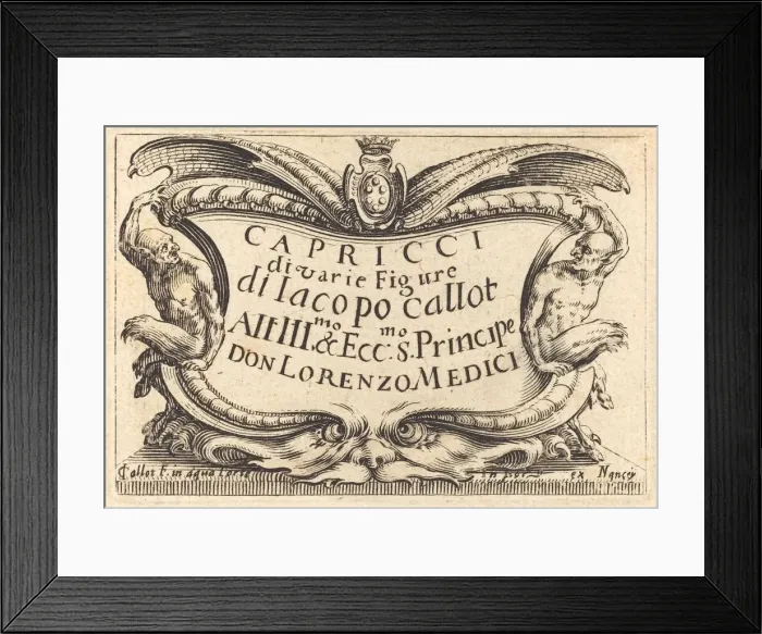 Framed Print : Title Page for The Capricci, c. 1622. Creator: Jacques Callot