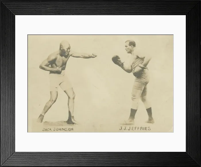 Framed Print : Photographic postcard with photos of Jack Johnson and James J. Jeffries, 1910 Framed Print : Photographic postcard with photos of Jack Johnson and James J. Jeffries, 1910