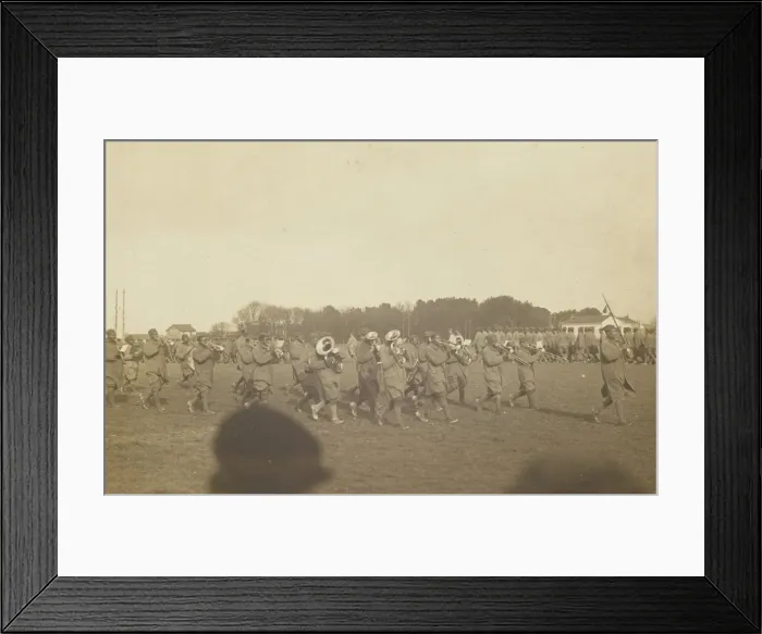 Framed Print : Photographic postcard of a military marching band, ca. 1917. Creator: Unknown Framed Print : Photographic postcard of a military marching band, ca. 1917. Creator: Unknown