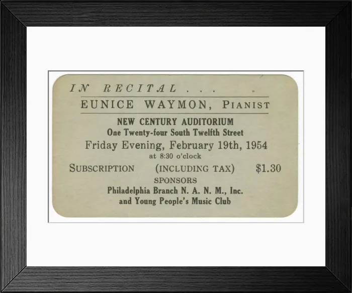 Framed Print : Promotional card for a piano recital given by Eunice Waymon (Nina Simone), 1954 Framed Print : Promotional card for a piano recital given by Eunice Waymon (Nina Simone), 1954