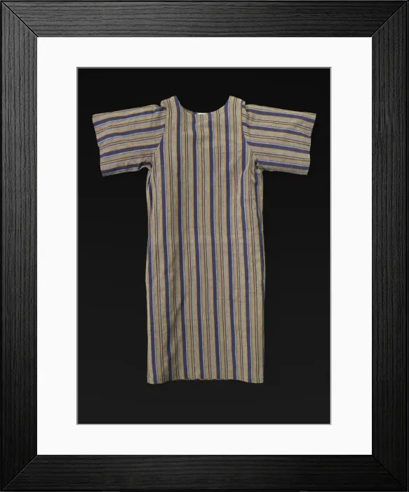 Framed Print : Grey, blue, and maize-colored cotton striped dress designed by Willi Smith, 1969-1987 Framed Print : Grey, blue, and maize-colored cotton striped dress designed by Willi Smith, 1969-1987