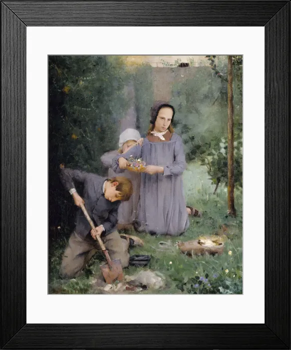 Framed Print : Children Burying a Bird, 1878. Creator: Julian Alden Weir Framed Print : Children Burying a Bird, 1878. Creator: Julian Alden Weir