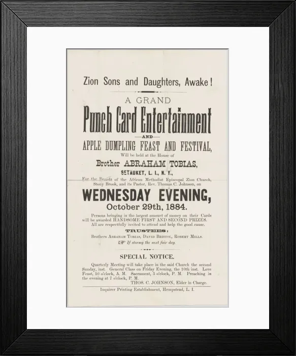 Framed Print : Handbill advertising a punch card event at A. M. E. Zion Church Stony Brook, 1884 Framed Print : Handbill advertising a punch card event at A. M. E. Zion Church Stony Brook, 1884