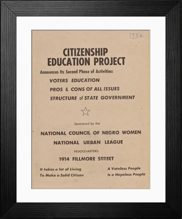 Framed Print : Flyer promoting the second phase of the NCNWs Citizenship Education Project, 1956 Framed Print : Flyer promoting the second phase of the NCNWs Citizenship Education Project, 1956