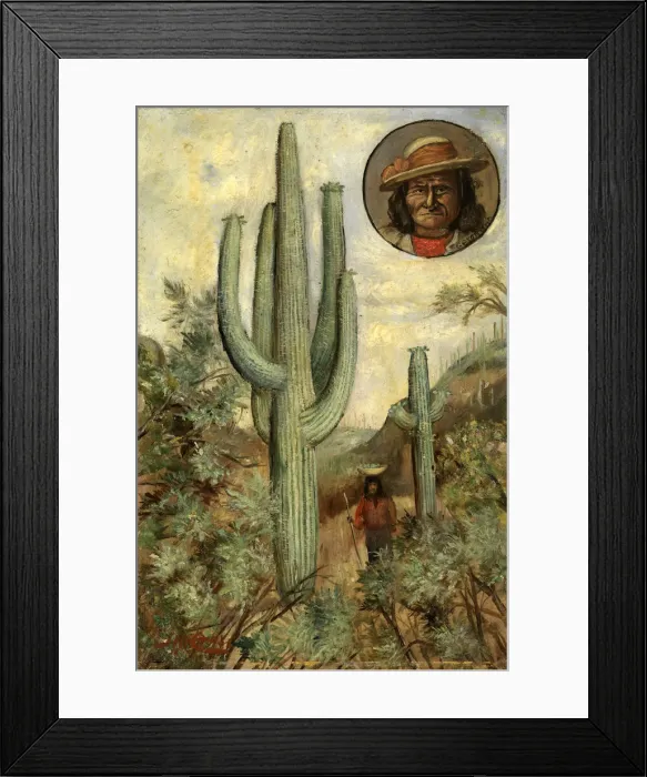Framed Print : Cactus Landscape with Portrait of Geronimo, 1886-1909. Creator: Henry H. Cross Framed Print : Cactus Landscape with Portrait of Geronimo, 1886-1909. Creator: Henry H. Cross