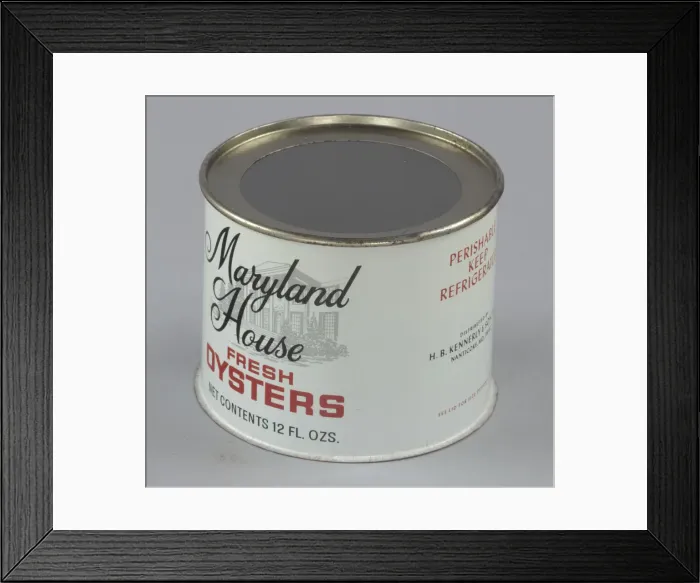 Framed Print : Oyster can used by H. B. Kennerly & Son, Inc. 1935-1950. Creator: Unknown Framed Print : Oyster can used by H. B. Kennerly & Son, Inc. 1935-1950. Creator: Unknown
