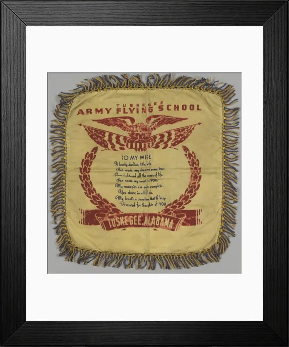 Framed Print : Pillow sham with Tuskegee Flying School poem, 1941-1946. Creator: Unknown