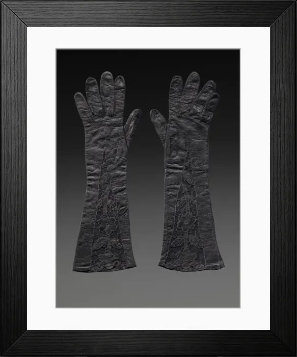 Framed Print : Pair of black leather gloves from Maes Millinery Shop, 1941-1994. Creator: Unknown Framed Print : Pair of black leather gloves from Maes Millinery Shop, 1941-1994. Creator: Unknown