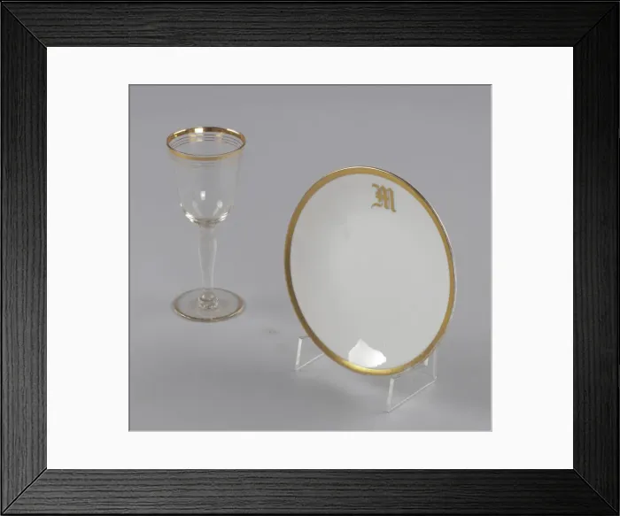 Framed Print : Glass and bowl with gold decoration from Maes Millinery Shop, 1941-1994 Framed Print : Glass and bowl with gold decoration from Maes Millinery Shop, 1941-1994