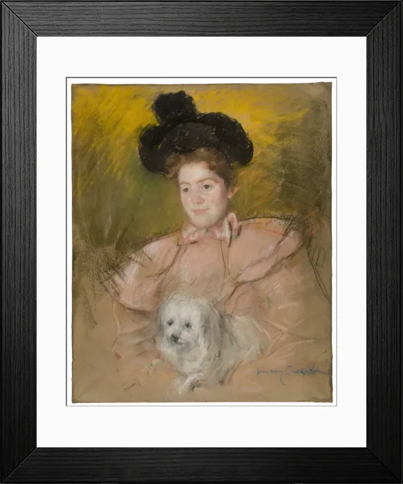 Framed Print : Woman in Raspberry Costume Holding a Dog, c. 1901. Creator: Mary Cassatt Framed Print : Woman in Raspberry Costume Holding a Dog, c. 1901. Creator: Mary Cassatt