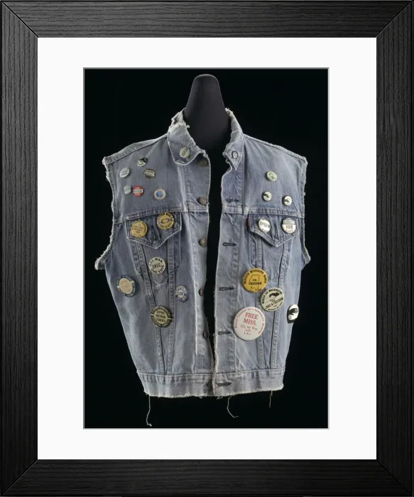 Framed Print : Commemorative denim vest with buttons assembled by Joan Trumpauer Mulholland, 1960s Framed Print : Commemorative denim vest with buttons assembled by Joan Trumpauer Mulholland, 1960s