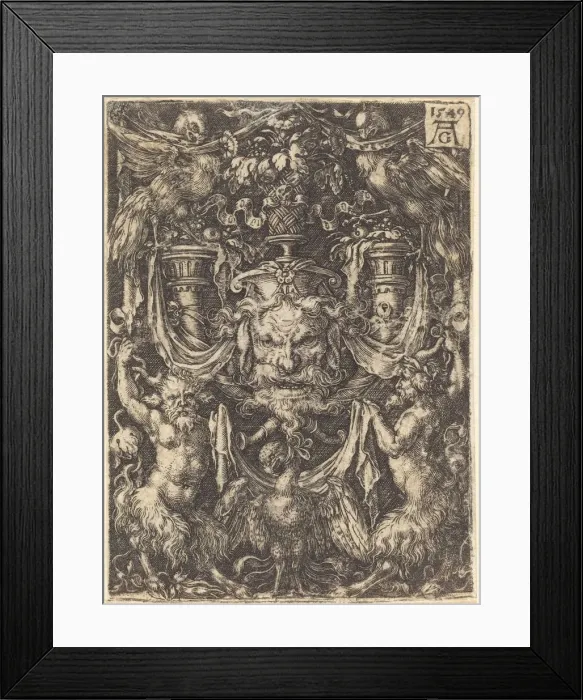 Framed Print : Ornament with Mask, Eagle between Satyrs Below, 1549. Creator: Heinrich Aldegrever Framed Print : Ornament with Mask, Eagle between Satyrs Below, 1549. Creator: Heinrich Aldegrever