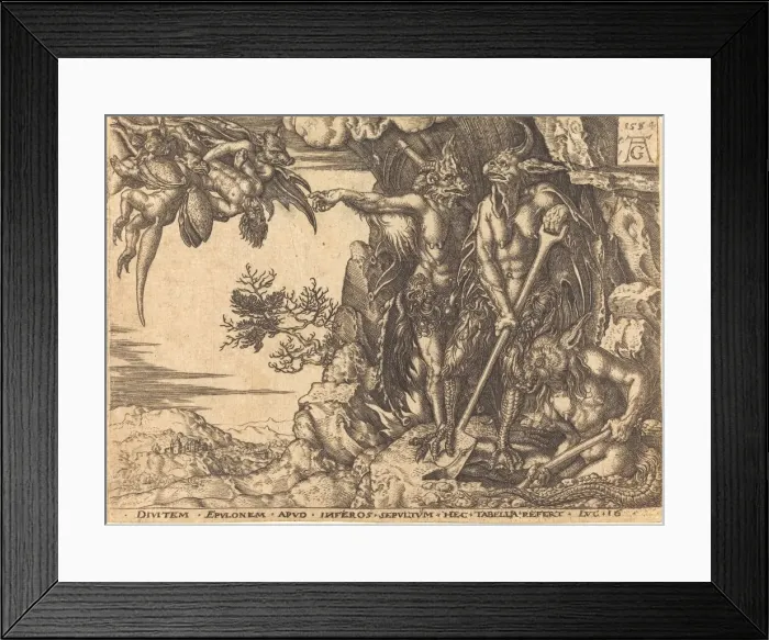 Framed Print : The Rich Man Being Carried Away by the Devil. Creator: Heinrich Aldegrever Framed Print : The Rich Man Being Carried Away by the Devil. Creator: Heinrich Aldegrever